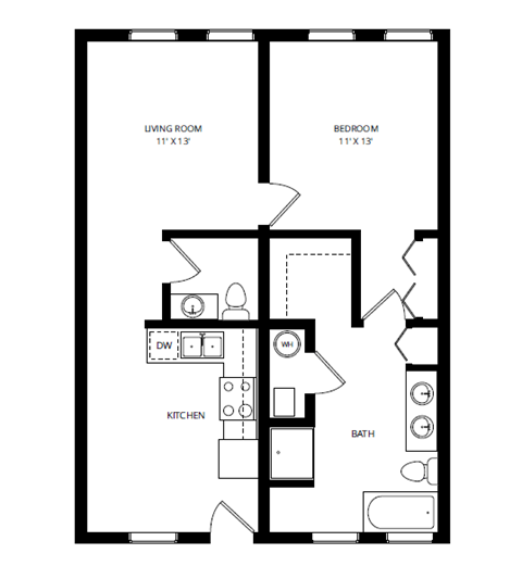 A black and white image of a floor plan for a small apartment.